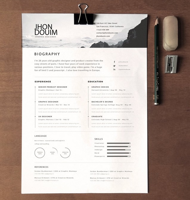 free clean realistic resume    cv template psd