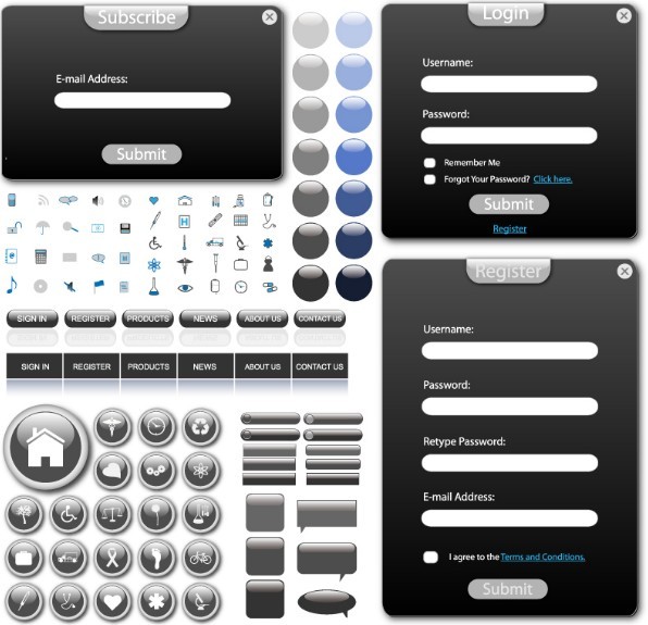 Black and Glass Style Web UI Kit