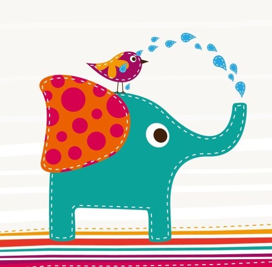 Cartoon Elephant and Bird Vector Illustration