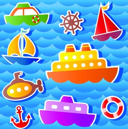 Colored Cartoon Ocean and Transport Elements Vector 01