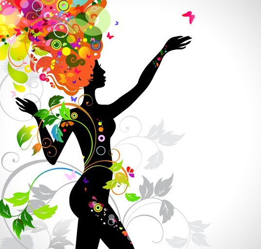 Vector Girl Silhouette with Colorful Floral Head 01
