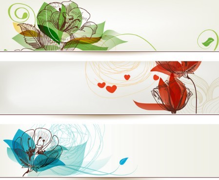Set of Simple Hand Drawn Floral Banners Vector 02