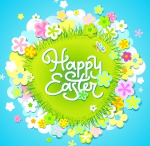 Cartoon Happy Easter Vector Design with Flowers and Grass 01