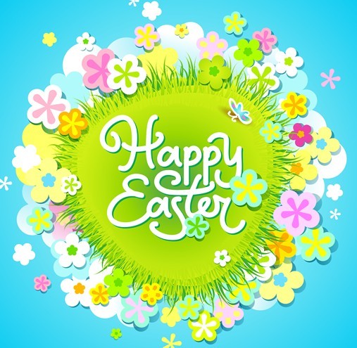 Cartoon Happy Easter Vector Design with Flowers and Grass 01