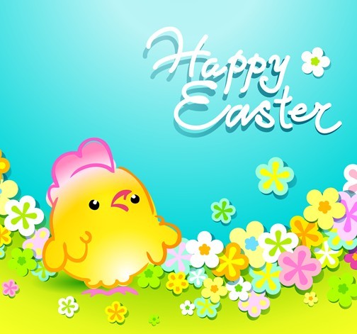 Cartoon Happy Easter Vector Design with Flowers and Grass 02