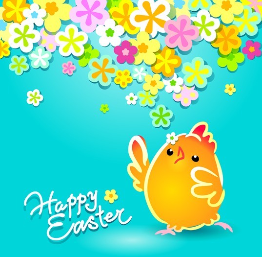 Cartoon Happy Easter Vector Design with Flowers and Grass 03