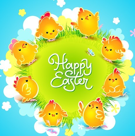 Cartoon Happy Easter Vector Design with Flowers and Grass 04