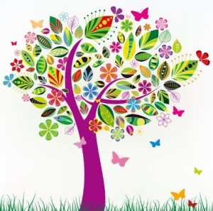Colorful Abstract Tree with Flowers Vector Pattern