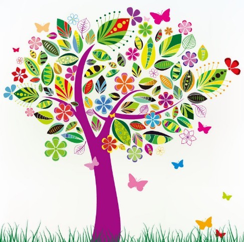 Colorful Abstract Tree with Flowers Vector Pattern