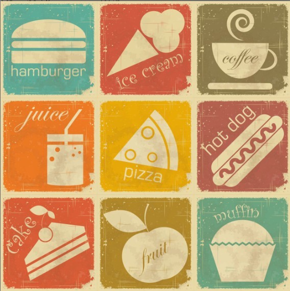 Set Of Vector Retro Vintage Food Icons