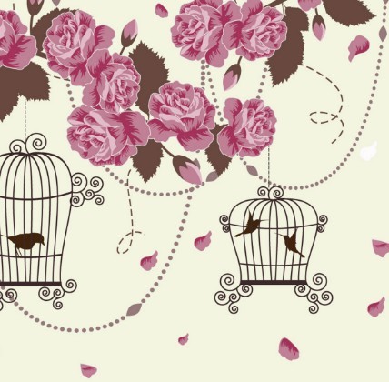 Retro Hand Drawn Flower and Bird Background Vector 01