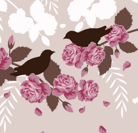 Retro Hand Drawn Flower and Bird Background Vector 02