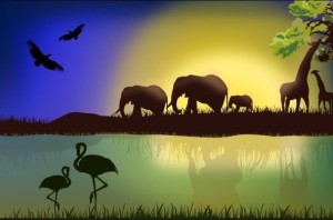 African Animals and Birds Landscape Vector Silhouette