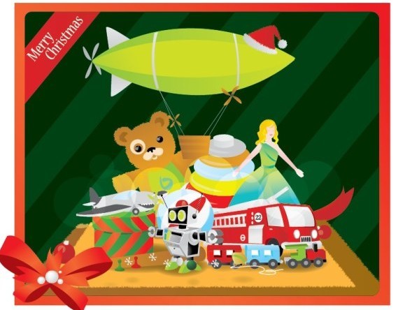 Flat Merry Christmas Card with Cartoon Christmas Gifts Vector