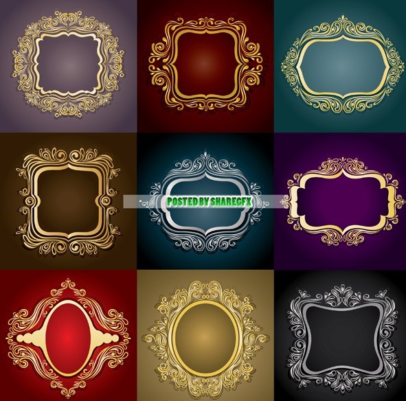 Set Of Golden Floral Boders and Labels Vector