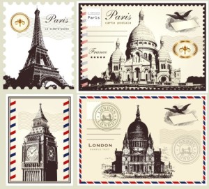 Vector Stamp and Postcard Set Of London and Paris Symbols 01