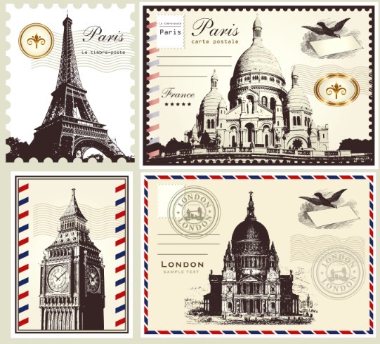 Vector Stamp and Postcard Set Of London and Paris Symbols 01