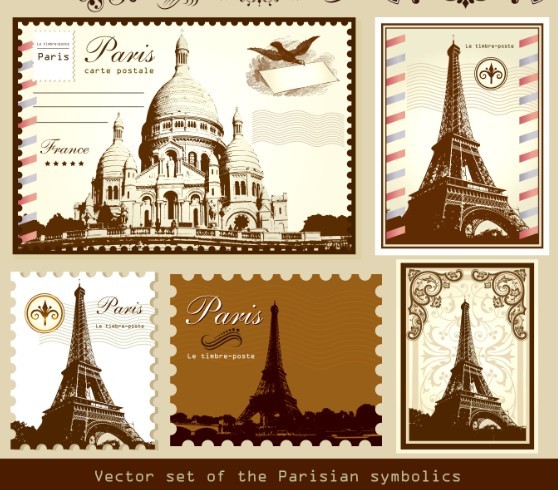 Vector Stamp and Postcard Set Of Parisian Symbolics