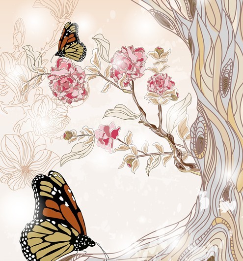 Classical Watercolor Painting Flower and Butterfly Background 01