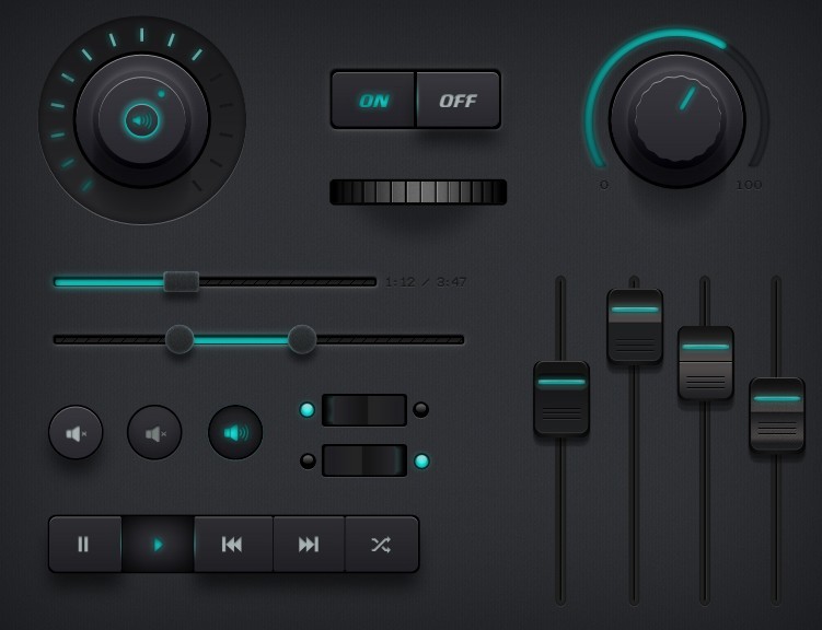 Dark Audio Controller UI Kit PSD