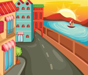 Cartoon City Streets and Buildings Vector Illustration 03