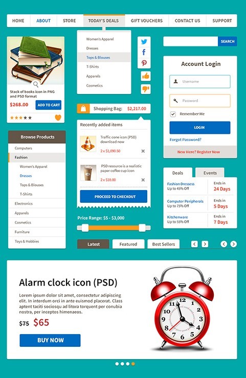 Flat Style Ecommerce Web UI Kit PSD