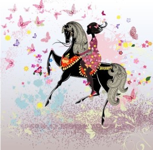 Vector Horse Riding Girl With Flower and Butterfly Background
