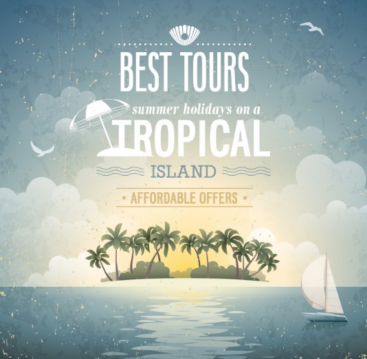 Retro Vector Background For Summer Holiday On A Tropical Island