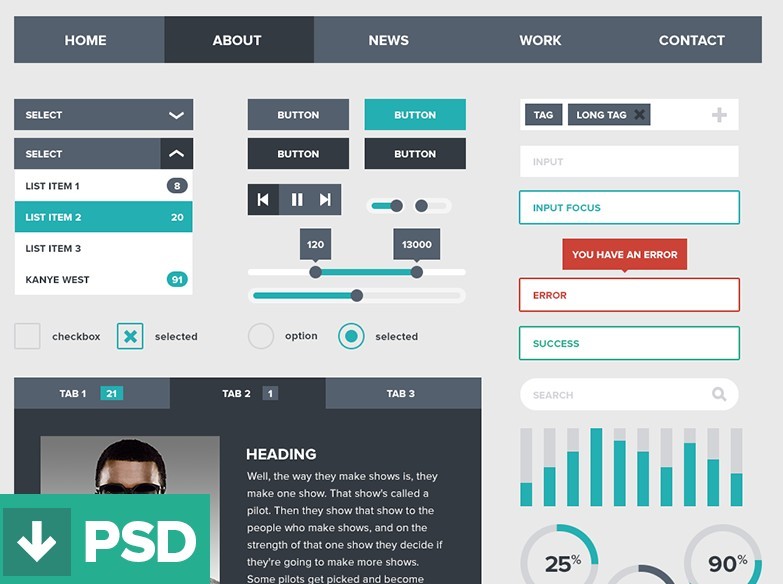 Dark and Green Flat Style Web UI Kit PSD