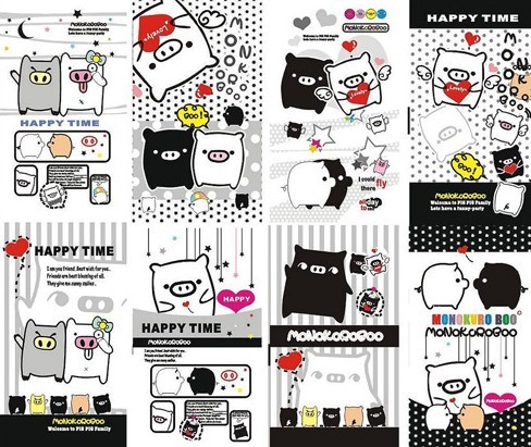 Cute Black and White Cartoon Piggies Vector