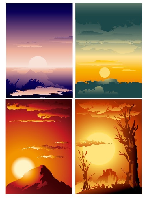 Set Of 4 Vector Sunrise and Sunset Landscape Backgrounds