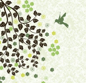 Hand Drawn Vector Green Tree and Bird Illustration 03