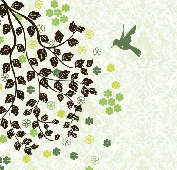 Hand Drawn Vector Green Tree and Bird Illustration 03