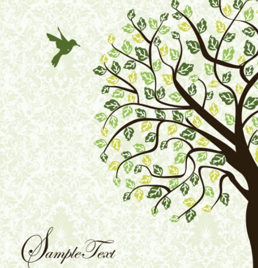 Hand Drawn Vector Green Tree and Bird Illustration 04