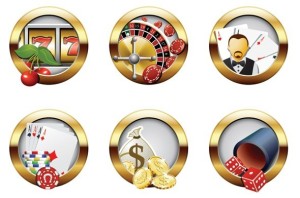 Set Of Vector Round Casino Icons With Golden Borders