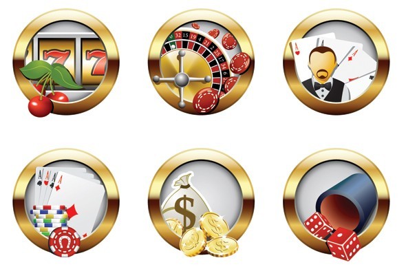 Set Of Vector Round Casino Icons With Golden Borders