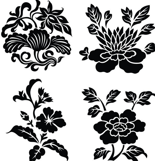 Black Vintage Flower & Plant Patterns Vector 01
