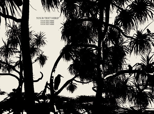 Vector Trees and Birds Silhouette 02