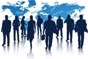Business Men Silhouettes With World Map Background 01