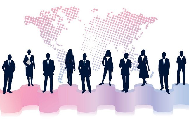 Business Men Silhouettes With World Map Background 02