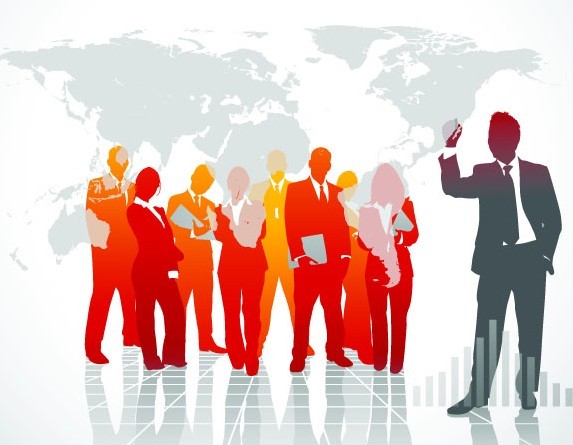 Business Men Silhouettes With World Map Background 04