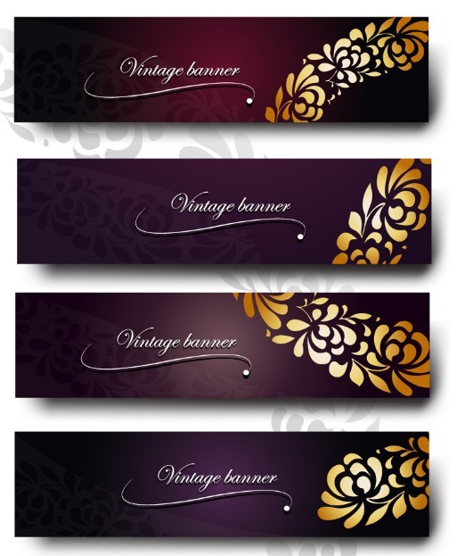Set Of Purple Banners with Vintage Floral Patterns Vector
