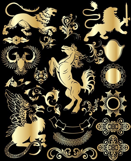 Set Of Vector Golden Royal Heraldic Design Elements 02