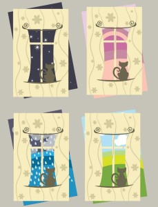 4 Clean Vertical Cards with Window and Cat Backgrounds Vector