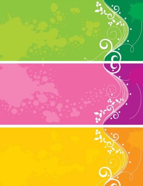 3 Vector Colored Banners with Floral and Splash Backgrounds