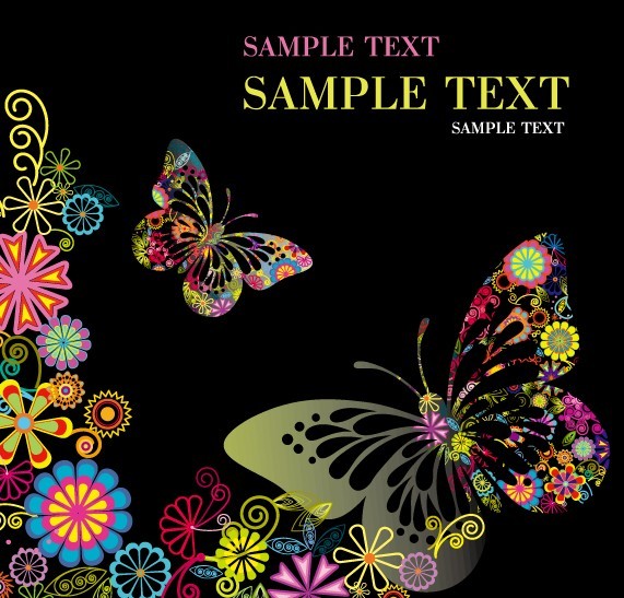 Classical Colored Butterflies and Flowers Vector 01