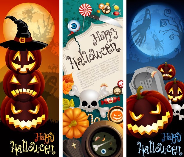 3 Cartoon Happy Halloween Banners Vector