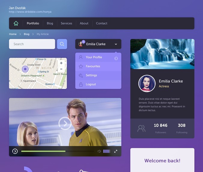 Flat Styled Purple and Dark Web UI Kit PSD