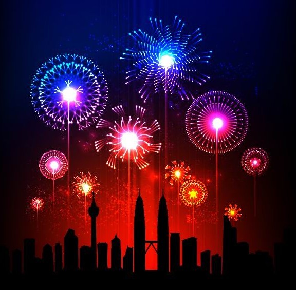 Vector Fireworks and Silhouetted City