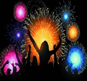 Vector Fireworks and Silhouetted People